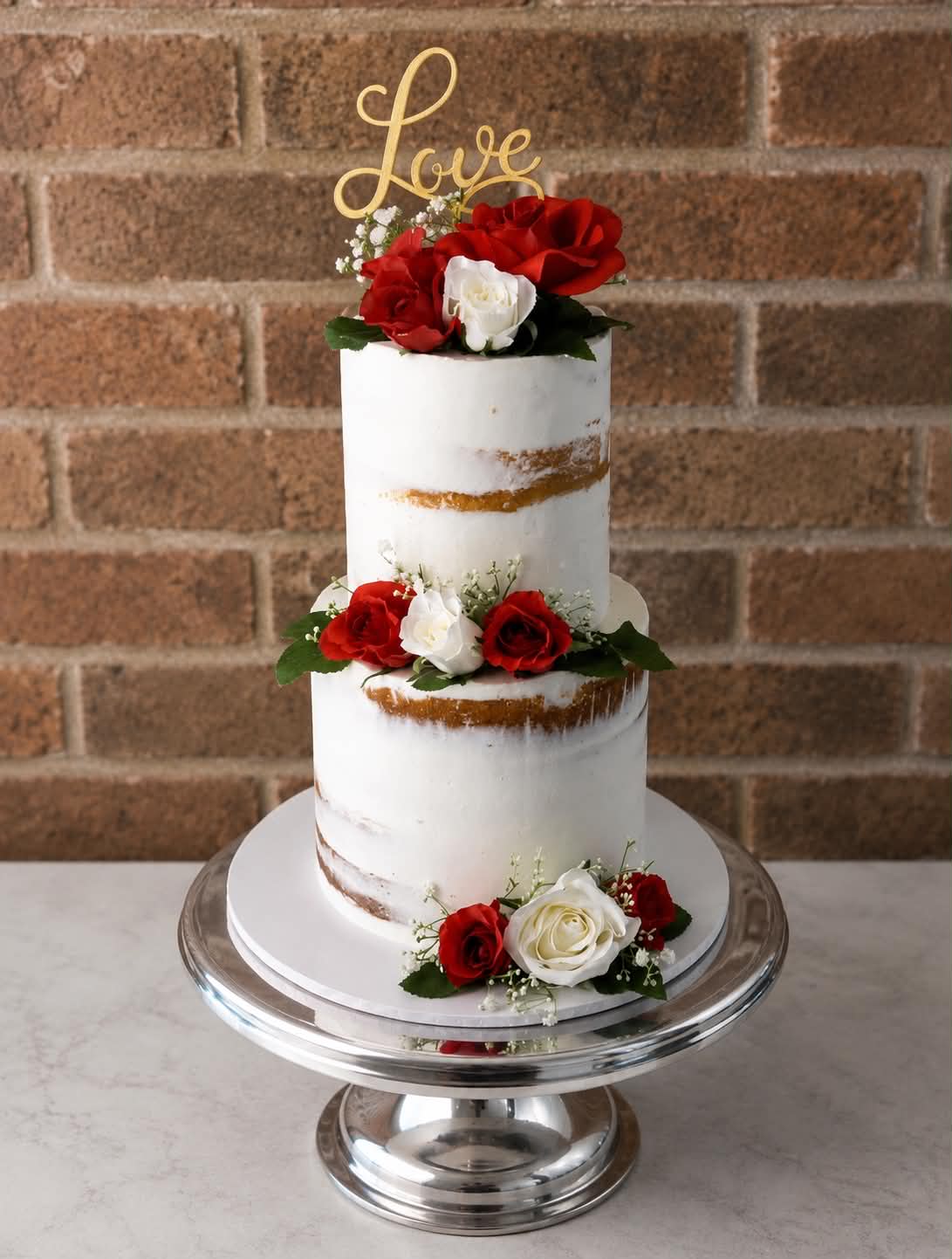 Three tier semi-naked wedding cake with red and white roses, gypsophila and greenery cascading down all three tiers and a gold Love script acrylic topper on a silver cake stand